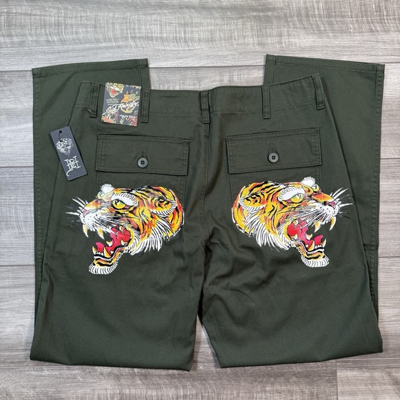 Ed Hardy Other - Ed Hardy Men's Screaming Tiger Straight Pants Utility Y2K Olive Size 32 NEW‎